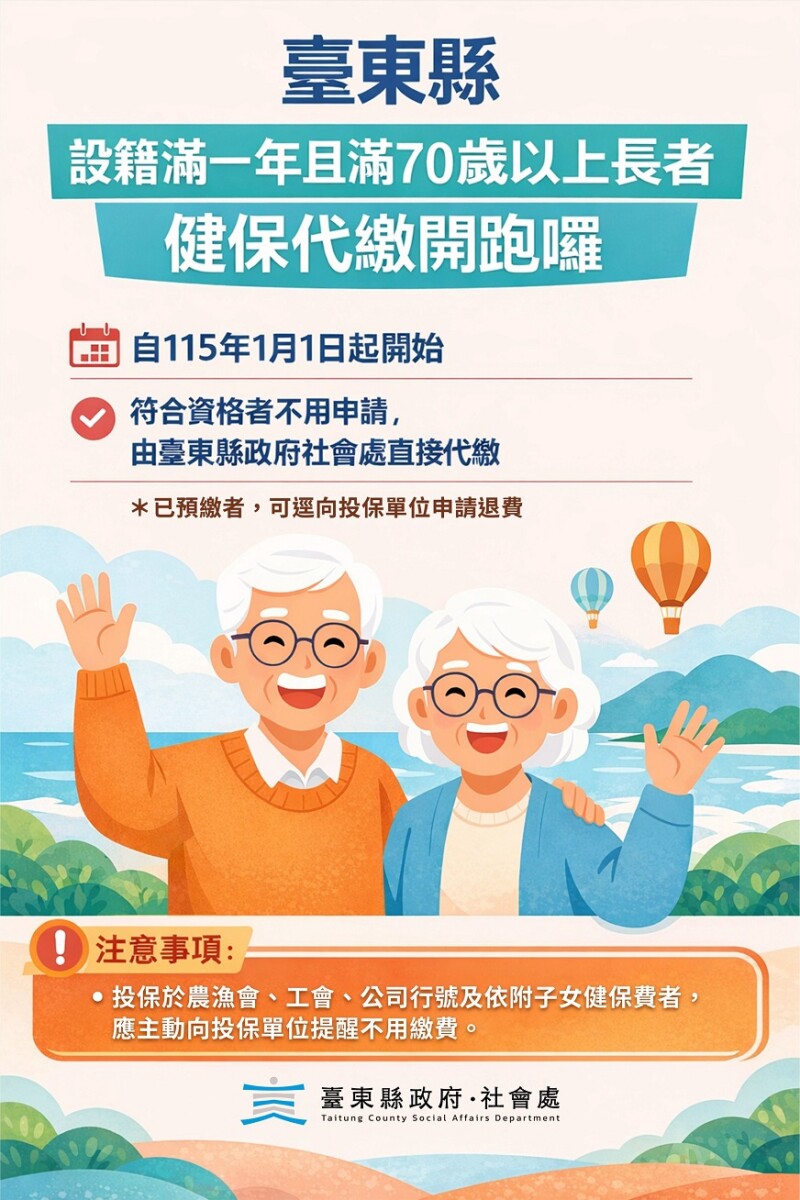 臺東縣府代繳70歲以上長者健保費近3萬人受惠