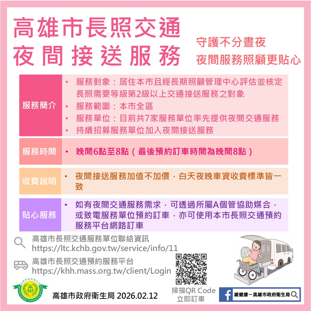 ▲高雄市長照夜間交通接送服務至晚上8點。