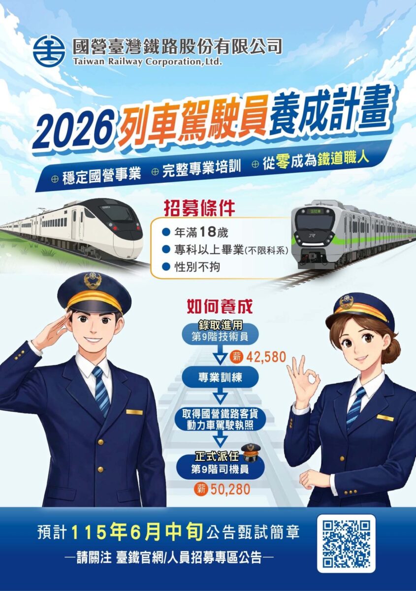 臺鐵公司115下半年預計招募45名司機員　歡迎具備專業熱忱人才報考