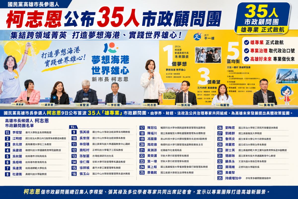 ▲柯志恩公布首波35人「雄專業」市政顧問團名單，由學界及公共政策領域專家組成智庫團隊，宣示以專業治理推動高雄未來發展。