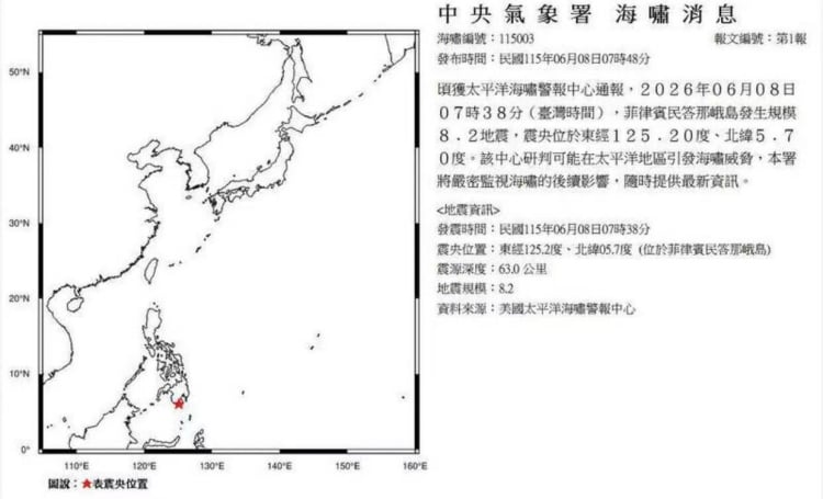 菲律賓南部強震致已至少1死4傷　台灣列海嘯警報範圍