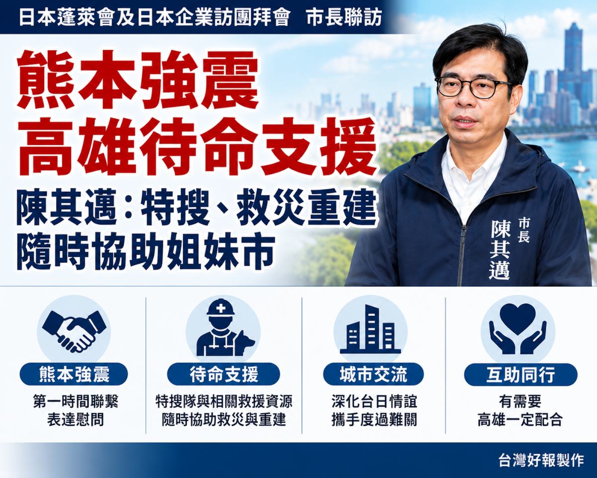 熊本強震高雄待命支援　陳其邁：特搜、救災重建隨時協助姐妹市