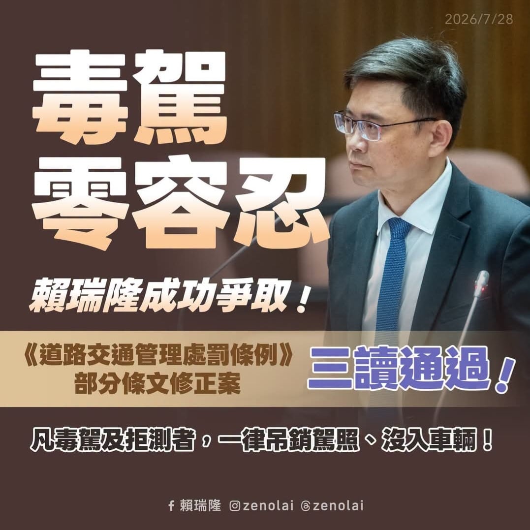 毒駕重罰三讀過關！賴瑞隆：吊照、沒入車輛、戒治後才能考照