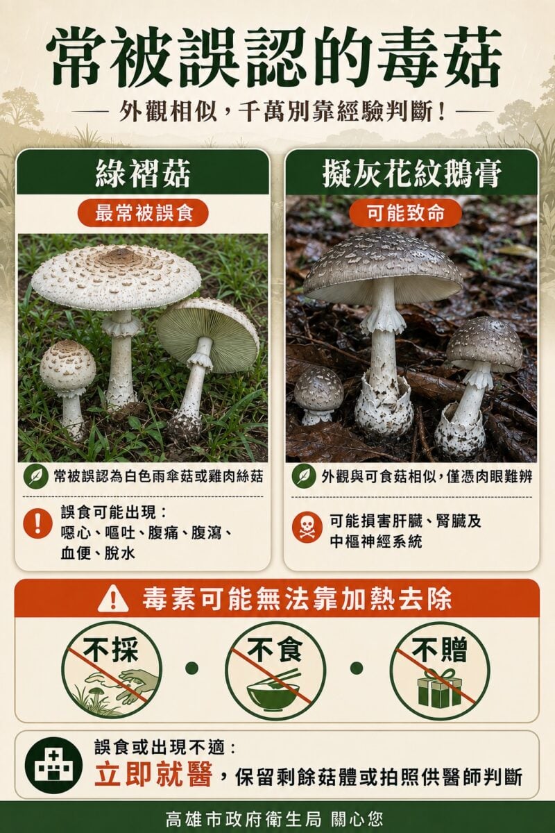 ▲連日降雨後,野外草地易滋生有毒菇類,高雄市衛生局呼籲民眾切勿自行採摘、烹煮或食用,避免發生食品中毒。