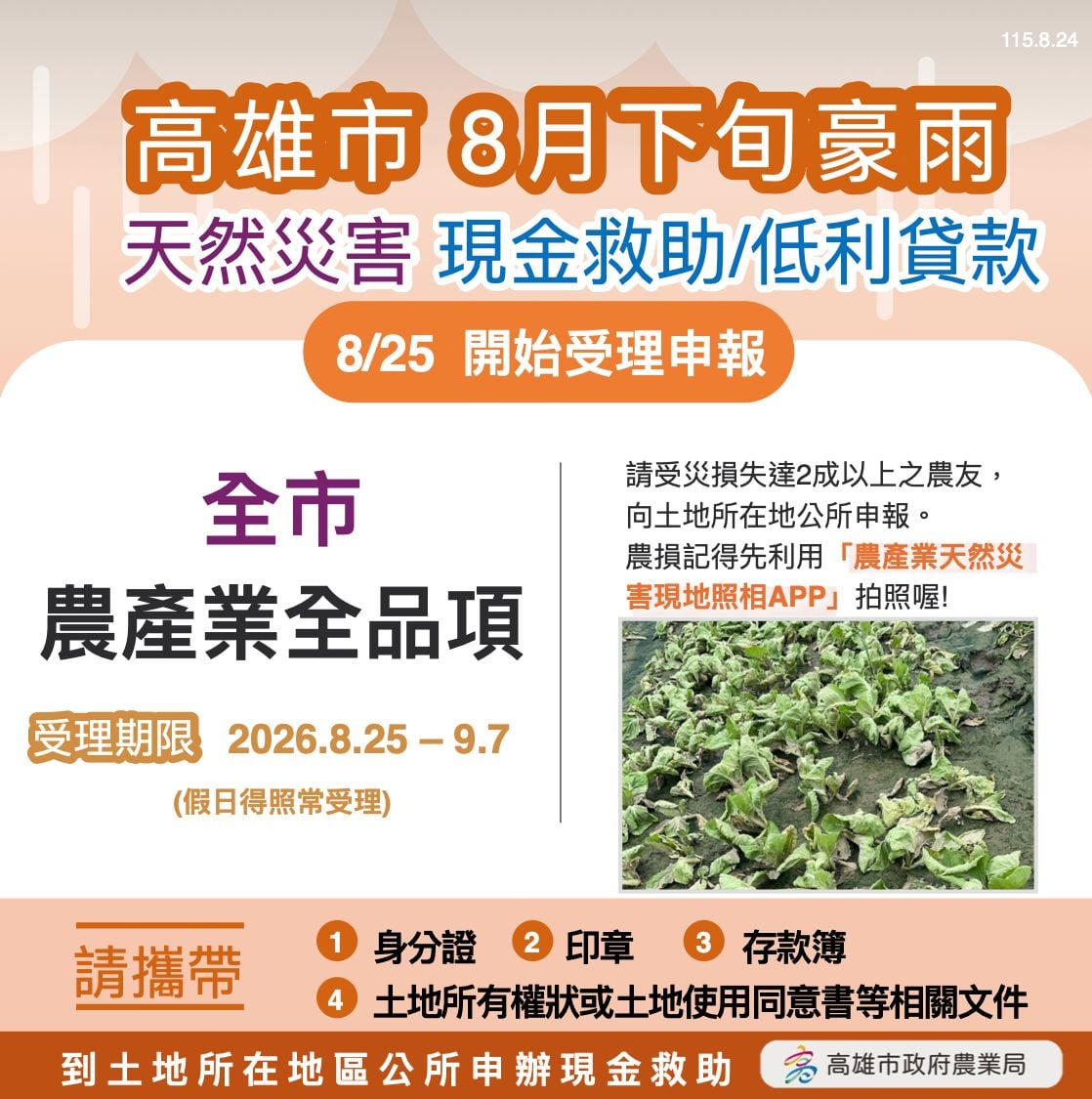 3天狂降913毫米重創農業　高雄爭取全品項現金救助明起受理