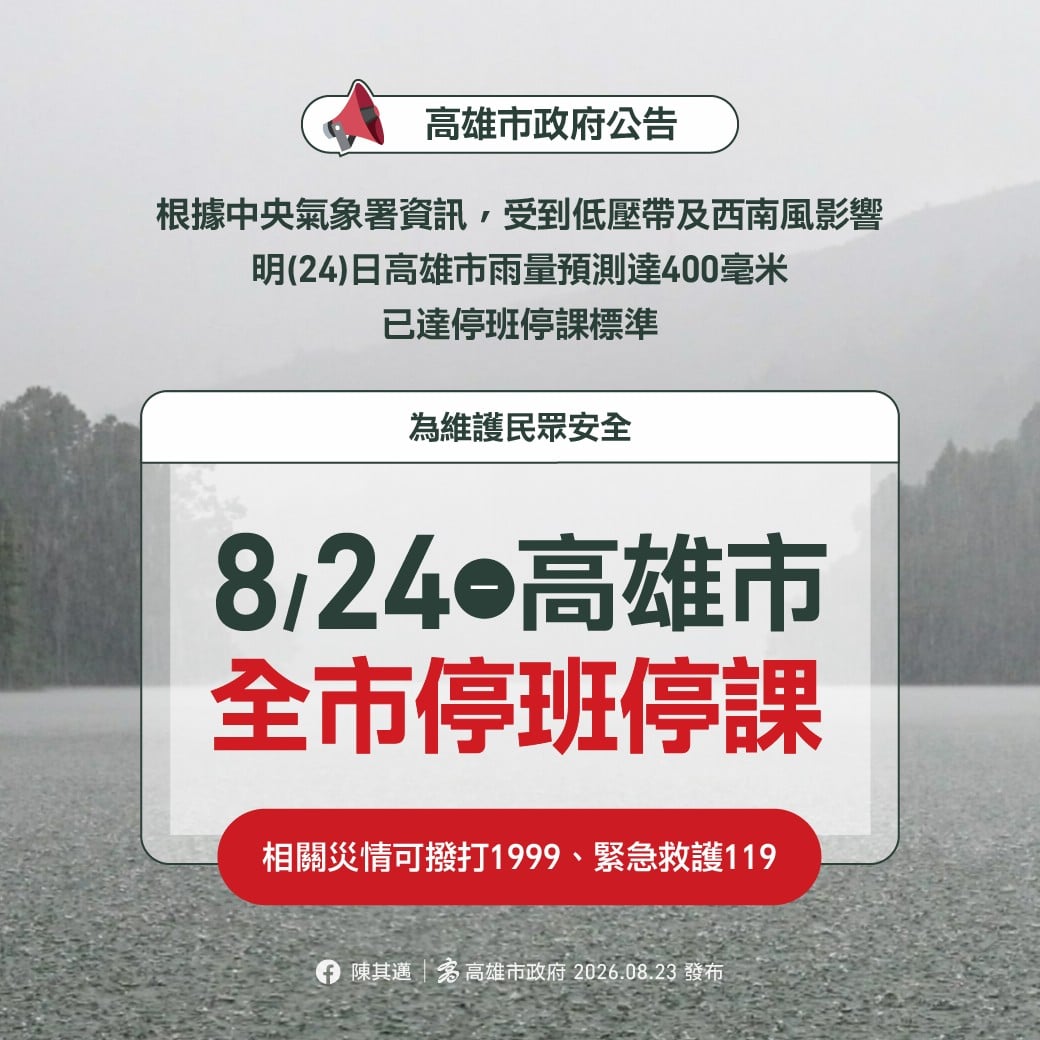 最新！高雄24日全市停班停課　低壓帶、西南風雨勢不歇